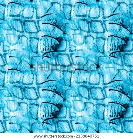Blue Watercolor Animal Skins. Aqua Seamless Illustration. Aquamarine Animal Print Texture. Watercolor Material Print. Wildlife Art Illustration. Sea Color Animal Print.