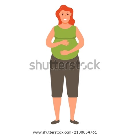 Happy redhead pregnant woman holds her belly. Woman touching her belly.Isolated on white background. Vector flat illustration.