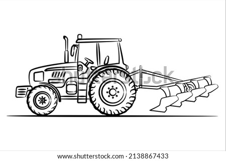 A hand drawn of a farm tractor isolated on white. Heavy agricultural machinery for field work. Side view of modern tractor. A tractor with a plow plows a field. Flat style, vector illustration. Royalty-Free Stock Photo #2138867433