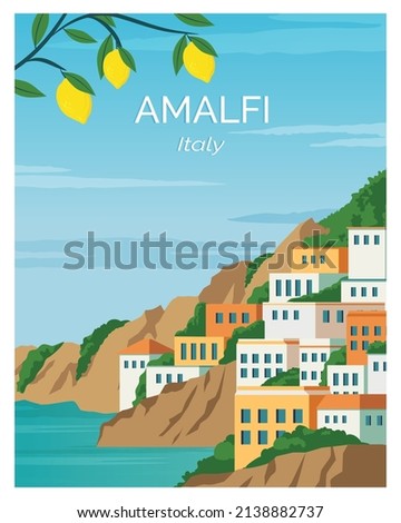 Amalfi. Seaside town in Italy. travel to amalfi. landscape background Vector  illustration suitable for travel poster, postcard, banner.  Royalty-Free Stock Photo #2138882737