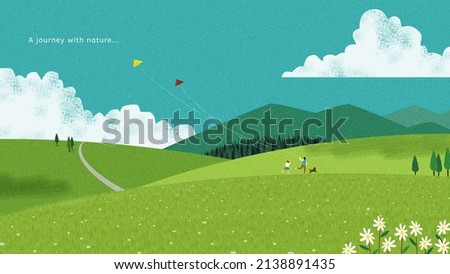 Relaxing hand drawn PC wallpaper design. Cute family are flying kites on green alpine mountains. Royalty-Free Stock Photo #2138891435