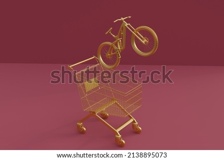 Golden shopping cart and Guitar isolated in  red background. 3d render illustration.