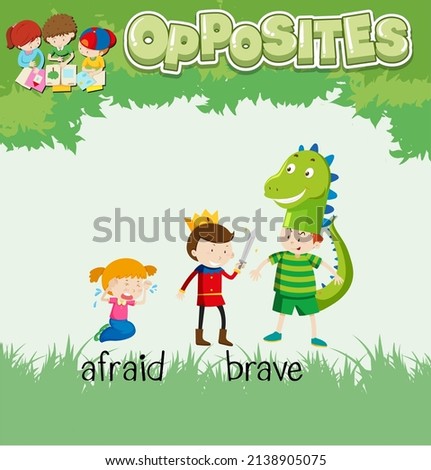 Opposite words for afraid and brave  illustration