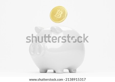 3D rendering piggy bank with gold Bitcoin, Cryptocurrency technology digital money investment advisor profit saving concept design on white background with copy space