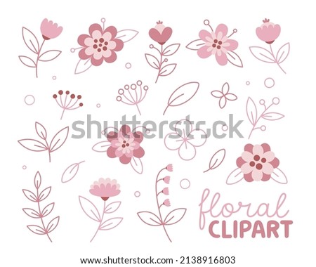 Floral cute vector beautiful line art set with flowers, tulips, leaves, berries, plants, branches. 8 march and valentine day collection