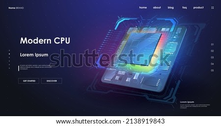 Quantum computer database concept. Modern CPU illustration . Central Computer Processors. Futuristic microchip processor. Tech Futuristic Template. Digital chip with HUD elements. Royalty-Free Stock Photo #2138919843