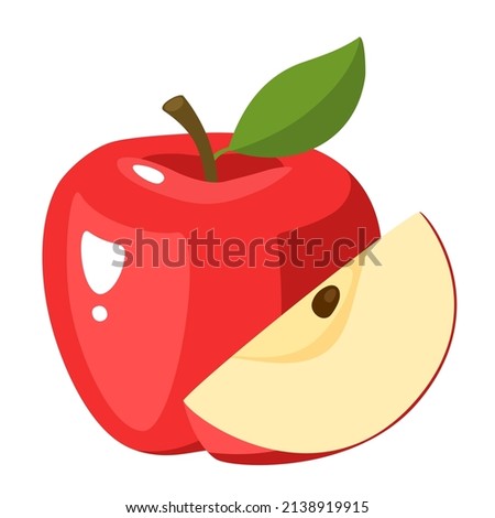 Fresh Red Apple fruit and Apple slice on isolated white background. Vector illustration flat cartoon design.