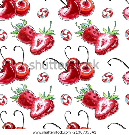 Sweet juicy red berries seamless pattern, strawberry cherry lollipops