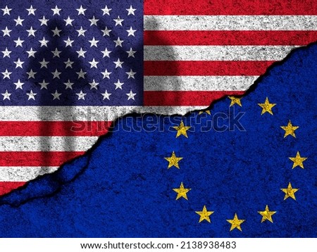 USA and EU conflict background. Flags painted on cracked wall photo