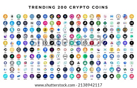 Trending 200 crypto coins. Digital cryptocurrency, DeFi, token icons set vector. Royalty-Free Stock Photo #2138942117