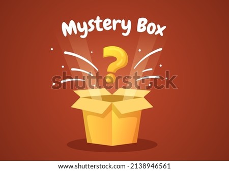 Mystery Gift Box with Cardboard Box Open Inside with a Question Mark, Lucky Gift or Other Surprise in Flat Cartoon Style Illustration  Royalty-Free Stock Photo #2138946561