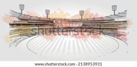 Cricket stadium line drawing illustration vector. Playground sketch with colorful brush stroke. Royalty-Free Stock Photo #2138953931