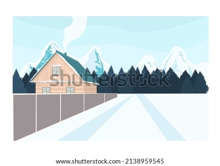 A house in the village. Winter. Drawing. Graphics. Vector. Landscape. Nature. Trees. Pine forest. The mountains. Rocks. Can be used for drawing, printing, collage, web design.