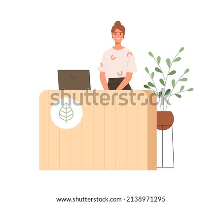 Vendor behind counter desk of organic store. Happy smiling woman standing at reception in green eco-friendly shop with healthy vegan products. Flat vector illustration isolated on white background Royalty-Free Stock Photo #2138971295