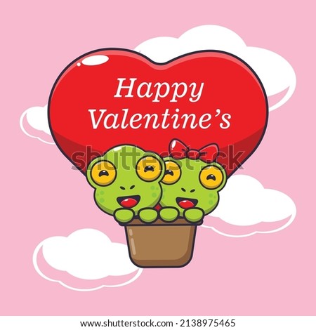 cute frog cartoon character fly with air balloon in valentines day