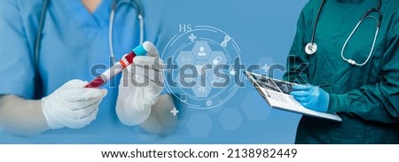 Medicine doctor with digital medical interface icons, Medical technology and healthcare concept.