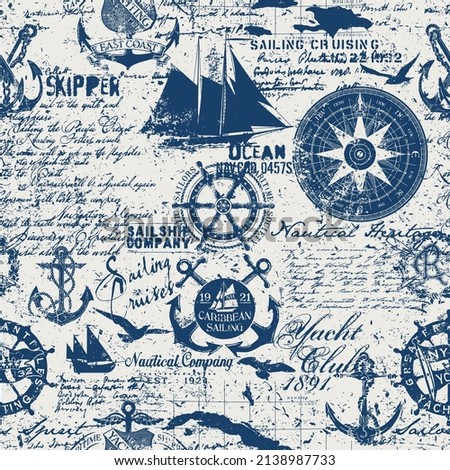 Caribbean sailing cruises nautical elements collage grunge marine wallpaper vector seamless pattern Royalty-Free Stock Photo #2138987733
