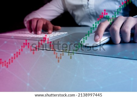 Business man trader using computer with  keyboard and mouse  , stock exchange, corporate finance economy stock graph  analytics, crypto, graph chart  of blockchain, finance report, online investment