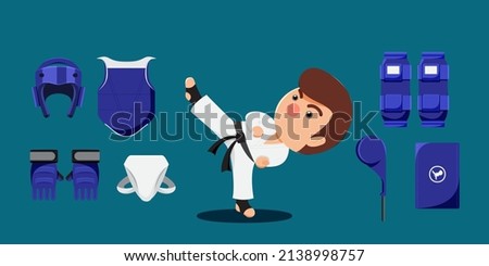 Young athlete man and equipment in taekwondo training,  gloves, Headguards, body protection,  Punching bag in cartoon style for graphic designer, vector illustration