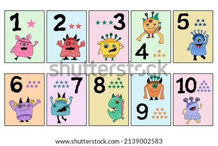 Cute monster patterns number flashcards in doodle style, for decorating cards, digital printing,  teachers, students, kids, nameplates, frames, worksheets, messages, kindergarten, scrapbooks, covers 