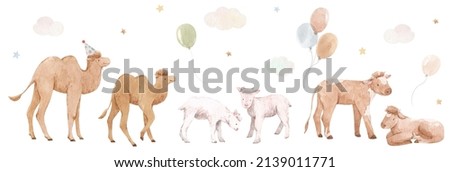Beautiful stock illustration with set of cute watercolor hand drawn animals at the birthaday party.
