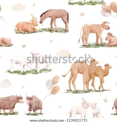 Beautiful seamless pattern with cute watercolor hand drawn wild animals. Horse camel cow yak families. Stock illustration.