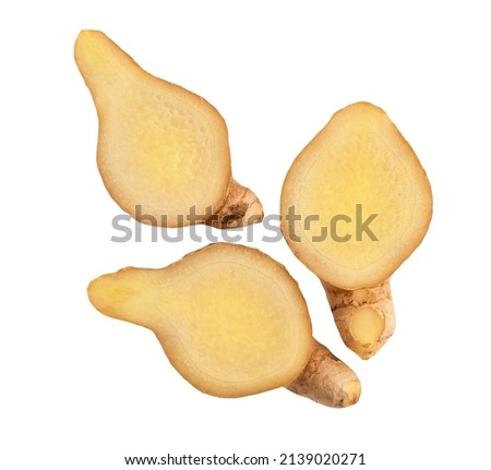 Sliced ginger rhizome isolated on white background with clipping path.top view.