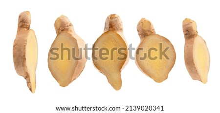 Set of sliced ginger rhizome shape isolated on white background with clipping path.