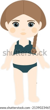 Paper doll blond girl with a pigtail in a green swimsuit