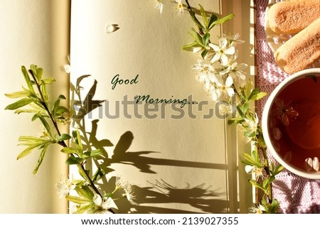 Good Morning card template with open notebook and blooming branch