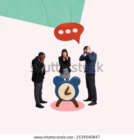 Creative design. Three desperate employees, office workers in shock looking at alarm, symbolizing failure of deadline terms. Time is up. Concept of business, challenge, difficulties, teamwork