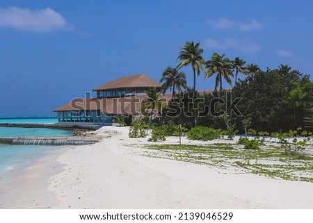 Luxury Seaside View to the Maldivian Ocean Villas in the Heart of Indian Ocean, Maldives Royalty-Free Stock Photo #2139046529