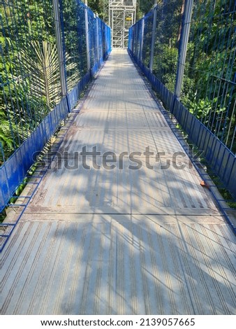 Close up photo of scaffolding act as skywalk path in the reserve forest. Attractive place for forest reserve explore. Selective focus.