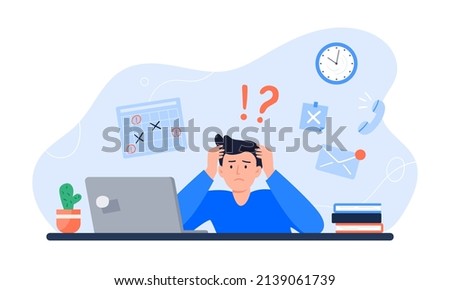 Exhausted man sitting at his workplace with a computer. Freelancer is stressed through a lot of work. Emotional burnout concept. Long working day in the office. Vector colorful flat illustration. Royalty-Free Stock Photo #2139061739