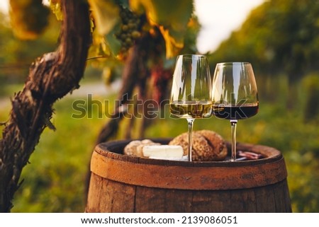 Two glasses of white and red wine on an old barrel outside in the vineyard Royalty-Free Stock Photo #2139086051
