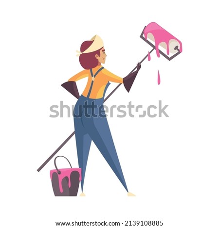 Craftsman composition with isolated female character of wall painter with long paint roller and bucket vector illustration