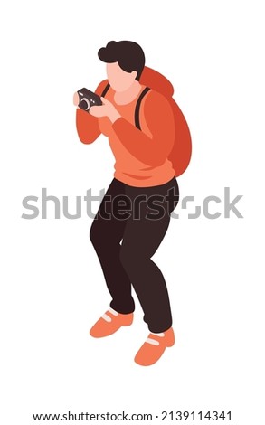 Isometric travel england london composition with isolated character of male tourist with camera on blank background vector illustration