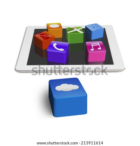 group of app icons on empty pad with cloud cube isolated on white