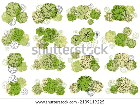 Tree for architectural floor plans. Entourage design. Various trees, bushes, and shrubs, top view for the landscape design plan. Vector illustration.