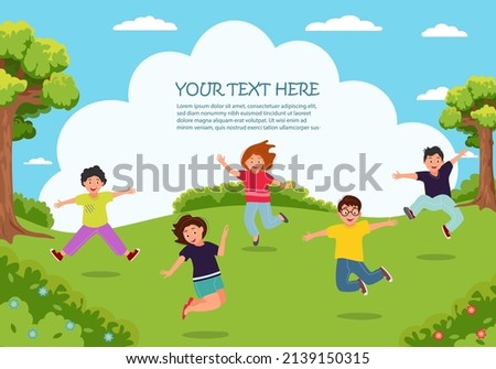 Children's activities. Happy funny children play and jump in the park. Template for advertising brochure.
