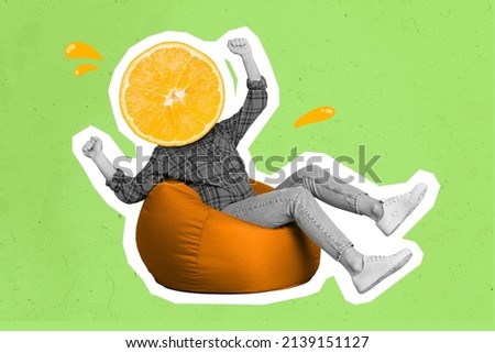 Picture of alien model with big half of orange fruit instead head sitting big fluffy armchair isolated on psychedelic gradient background Royalty-Free Stock Photo #2139151127