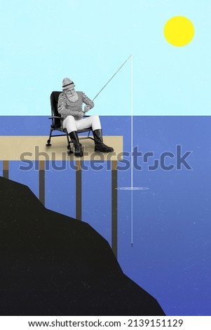 Image photo painting bearded fisherman catching with a fishing pole difficult have complications resting hobby countryside village lake