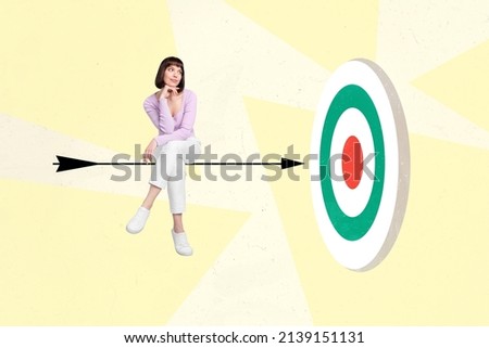 Cartoon style illustration of young business lady sitting on arrow flying straight to center of darts board concept of reaching professional goal easily