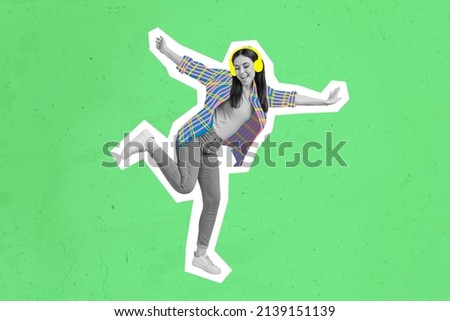 Cool youngster girl dancing using wireless headphones composite collage picture silhouette highlighted pin up pop artwork style isolated Royalty-Free Stock Photo #2139151139