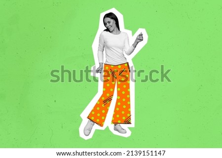 Photo collage of funny youngster girl dancing silhouette highlighted pin up pop artwork style isolated green background composite picture