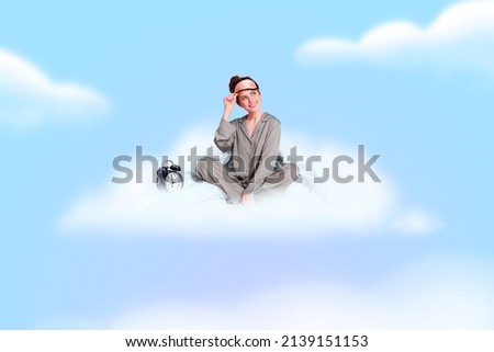 Photo image of young charming lady sitting on fluffy comfortable cloud in sky see lovely dream look up wait awakening saturday morning