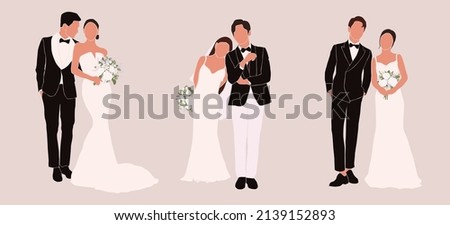 Set of abstract silhouette of wedding couple groom and bride. Woman with bouquet and man portrait. Invitation card. Wedding ceremony. Marriage people vector illustration. Newlyweds poster print decor Royalty-Free Stock Photo #2139152893