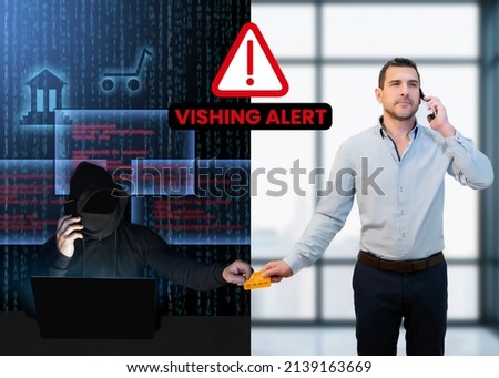 Vishing scam. A man talks to a hacker on the phone while the swindler steals his bank details Royalty-Free Stock Photo #2139163669