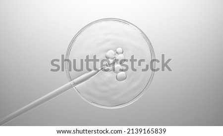 Grayscale top view macro shot of air bubbles coming out from lab dropper and floating on the surface of transparent fluid in petri dish | Abstract cosmetics formulating concept Royalty-Free Stock Photo #2139165839