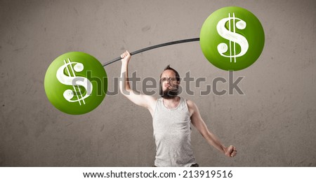 Funny skinny guy lifting green dollar sign weights